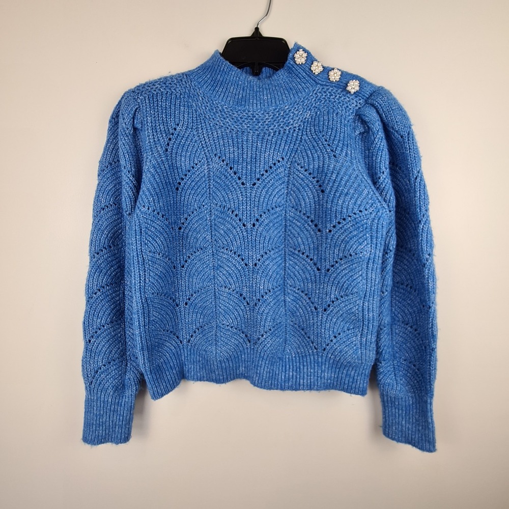 Heartloom Sweater Blue Wool Blend S Pearl Accent Beads High Neck Puff Shoulder